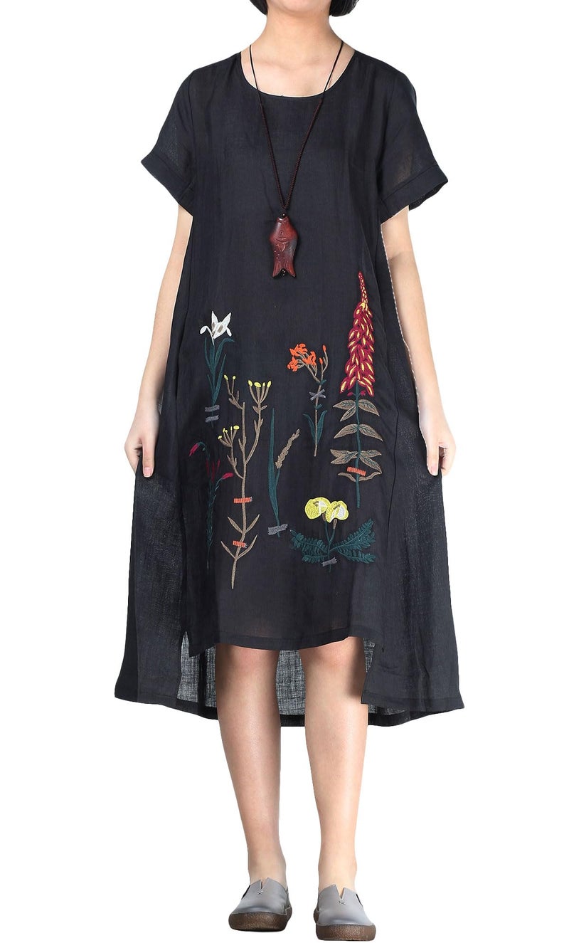 Minibee Women's Embroidered Linen Dress Summer A-Line Sundress Hi Low Tunic Clothing Black L - Image 2